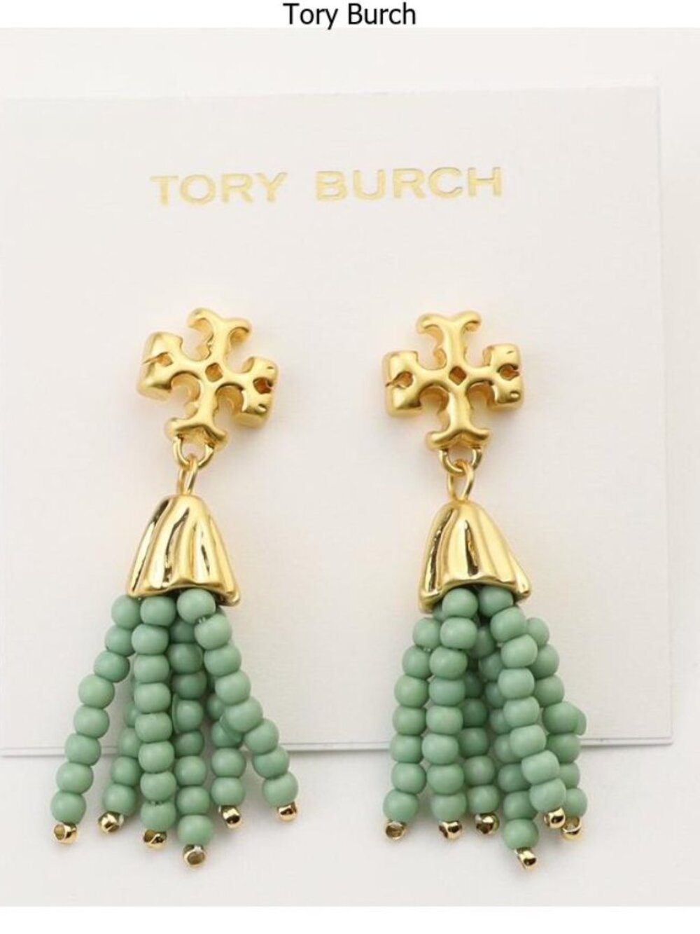 Tory Burch Gold and Sage Beaded Tassel Drop Earrings